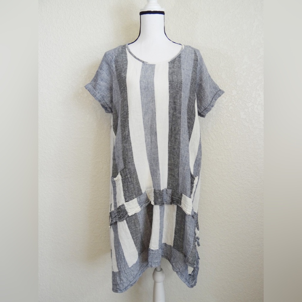 LUUKAA Linen Lagenlook Light Linen STRIPE POCKET DRESS Size L ?